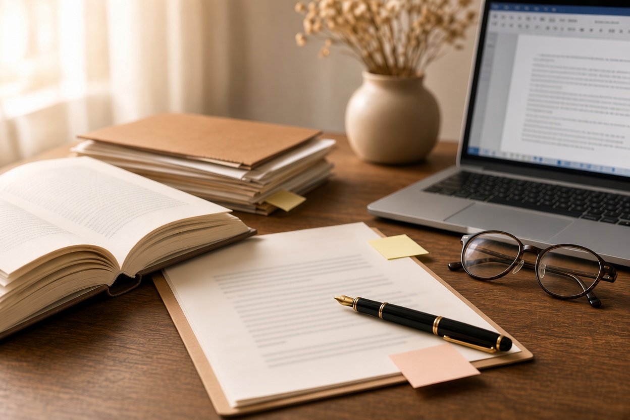 An editor's desk — an open book, a manuscript with a fountain pen, reading glasses and a laptop
